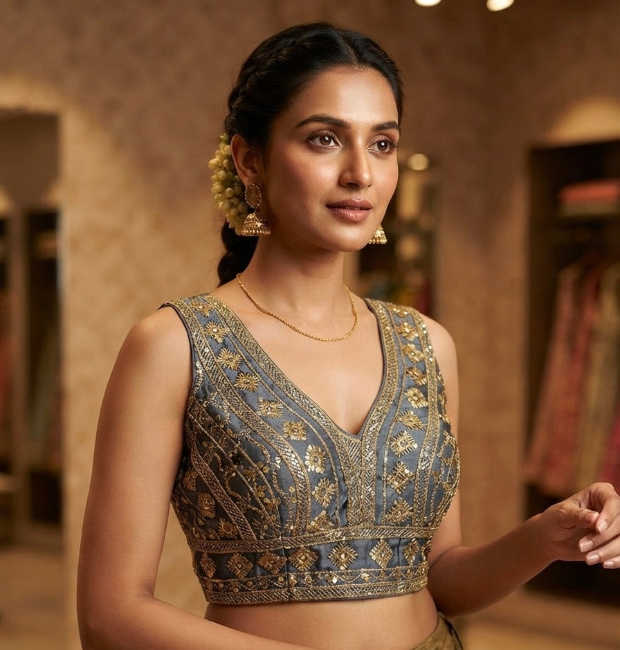 Grey gold sequins work with hands blouse