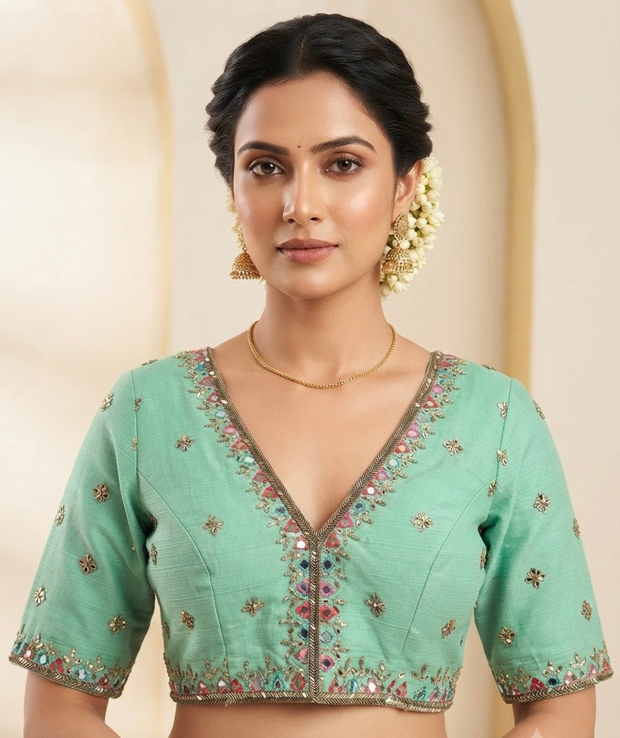 Dual shade green mirror 🪞 hand work V-neck with sleeve Blouse 👚