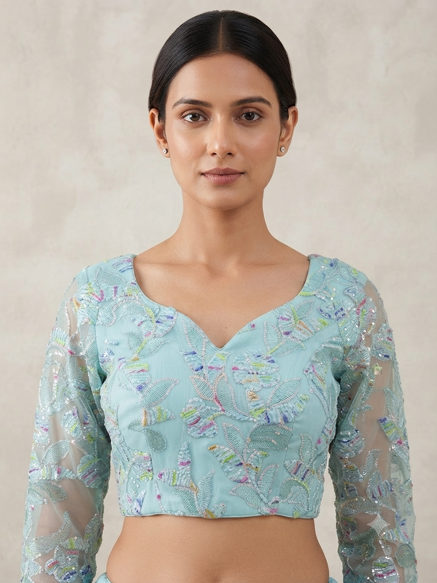 Pastel Blue sequins net-full sleeve Blouse 👚