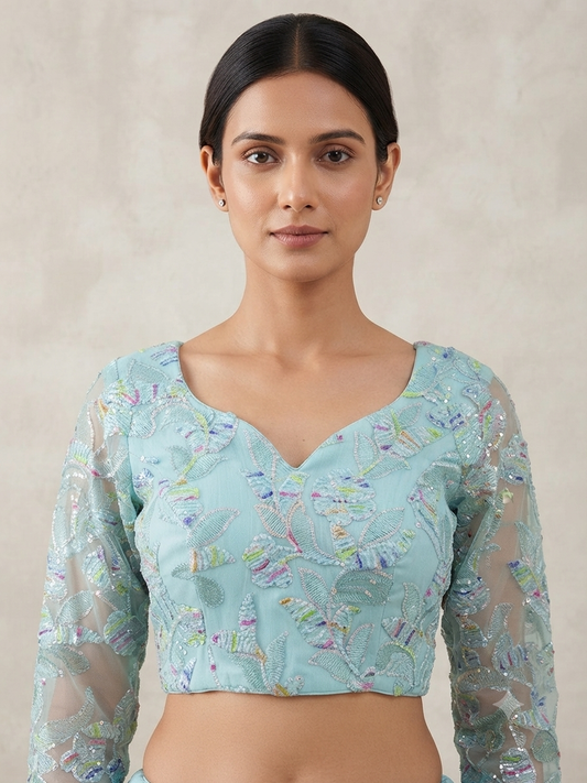 Pastel Blue sequins net-full sleeve Blouse 👚