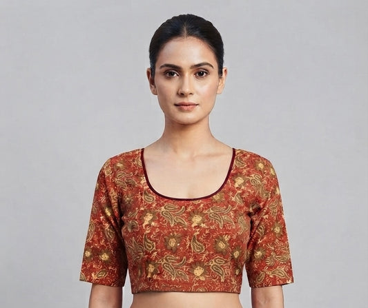 Kalamkari stretchable Blouse 👚 red colour yellow flower 🌼 print