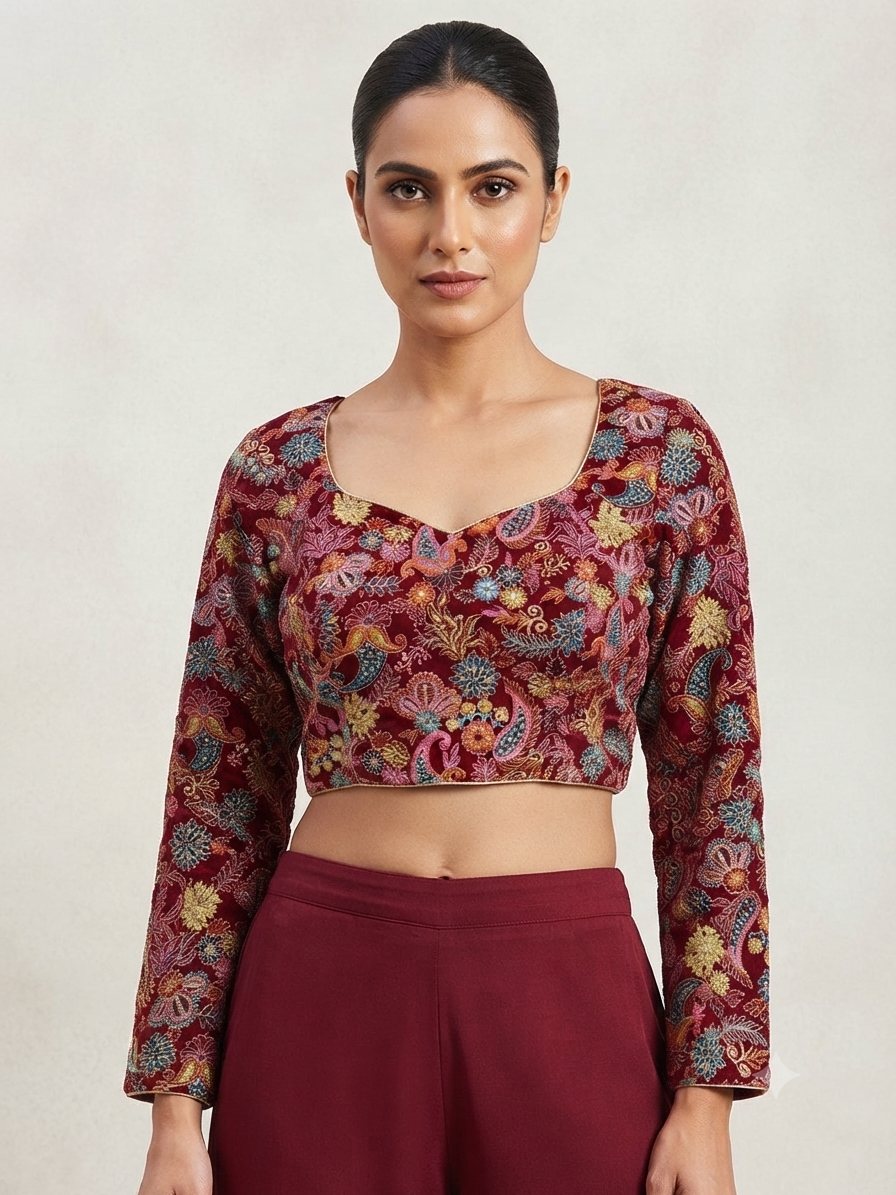 Marron flower 🌷 thread work full sleeve Blouse 👚 ￼