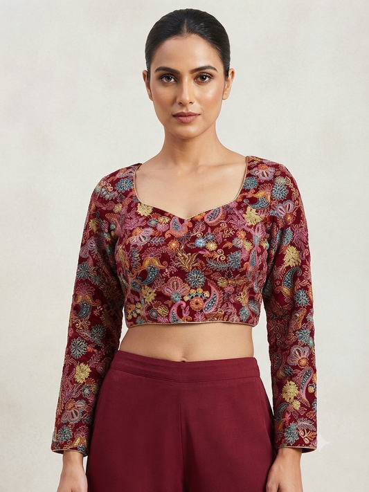 Marron flower 🌷 thread work full sleeve Blouse 👚 ￼