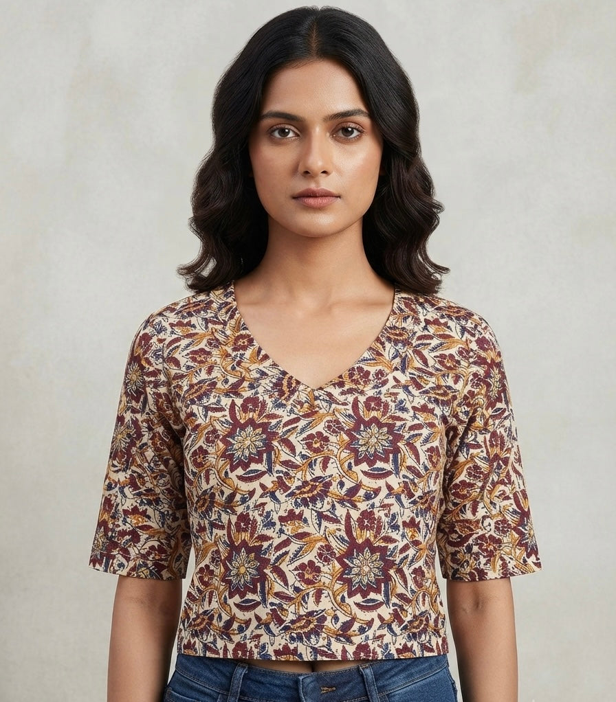 White printed Kalamkari stretchable Blouse 👚