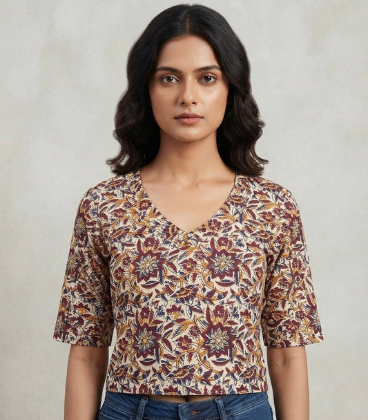 White printed Kalamkari stretchable Blouse 👚