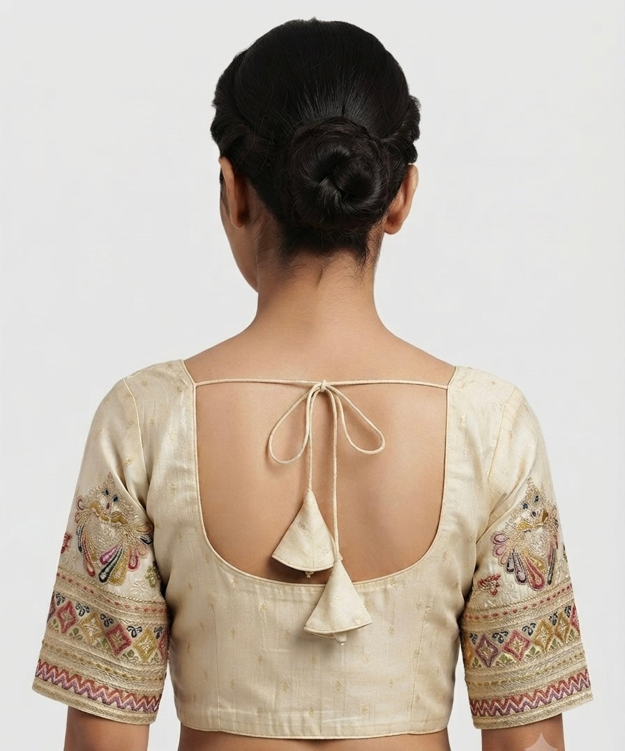 Tissue peacock 🦚embroidery hand work Blouse 👚 with sleeves ￼