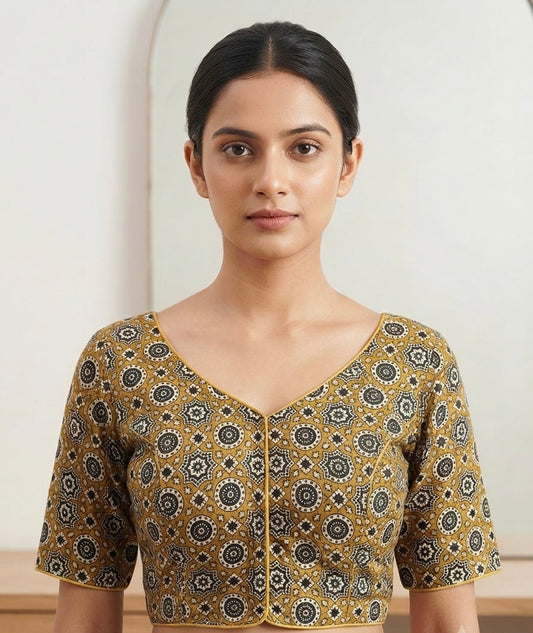 block printed or Ajrakh-style garments master yellow Blouse with sleeves