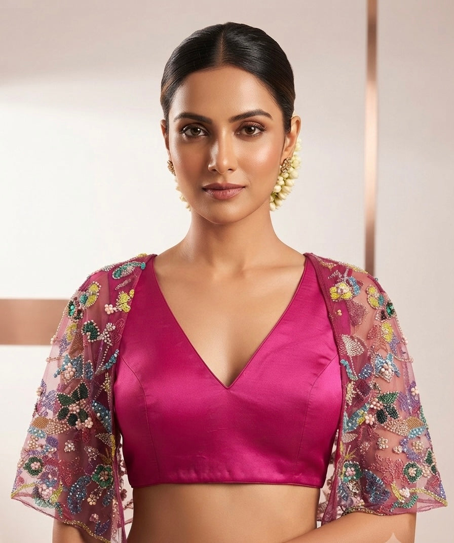 Magenta pink V- neck embroidery butterfly 🦋 with sleeve Blouse 👚