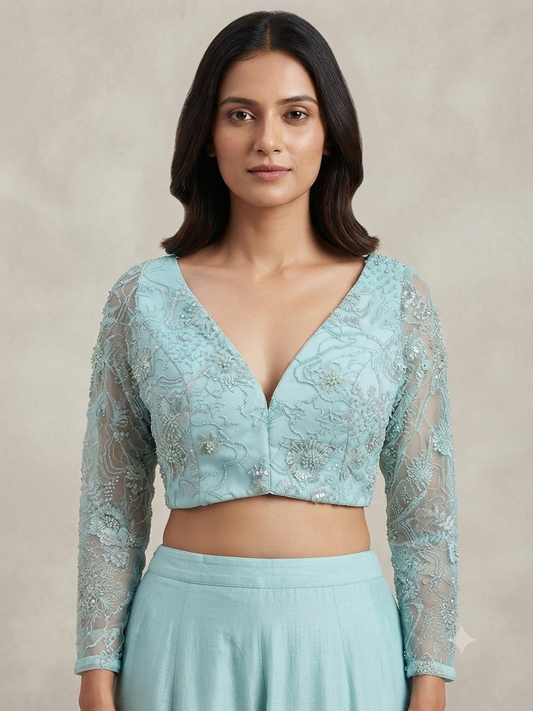 Sky blue floral embroidery net- full sleeve Blouse 👚