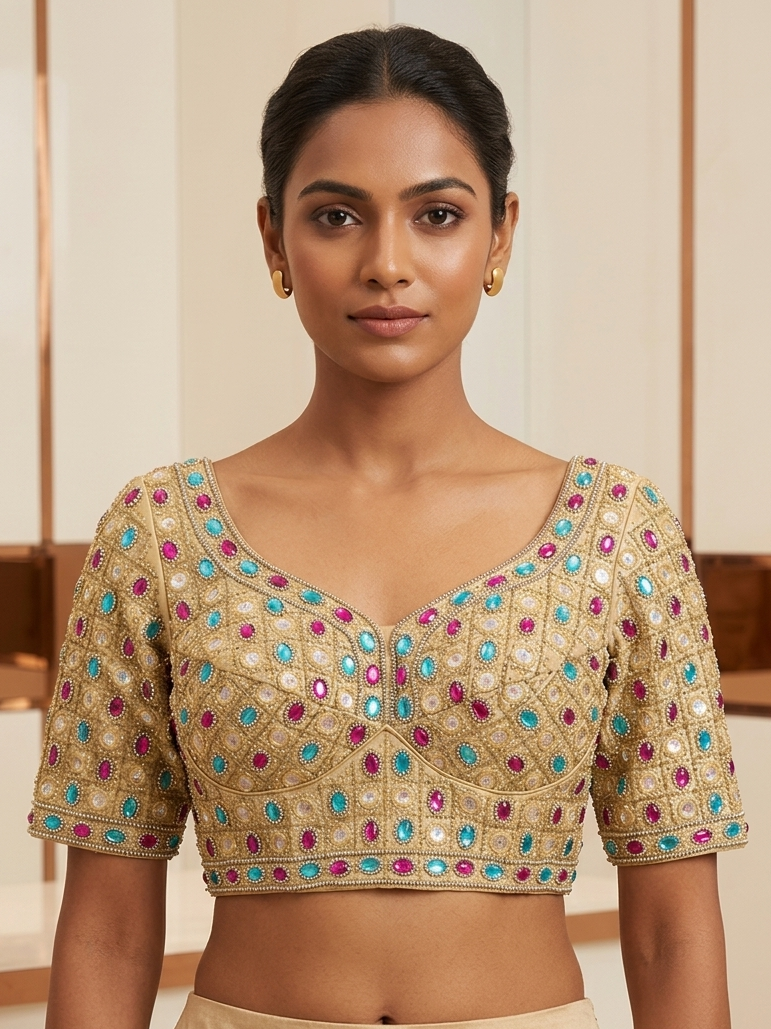 Light gold stone work with sleeve Blouse 👚
