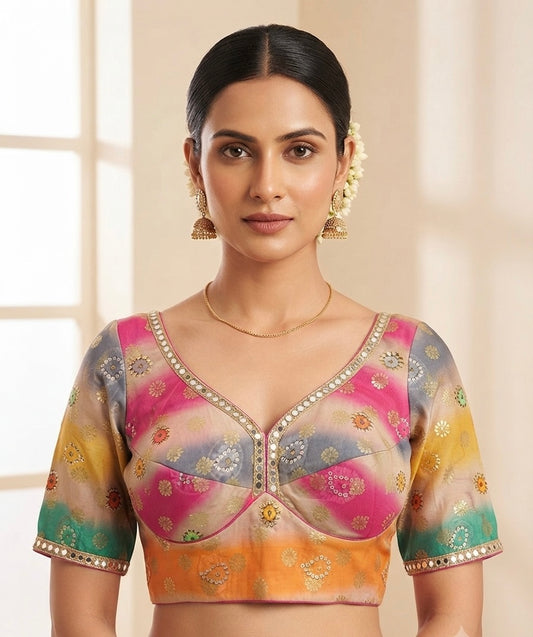 Multicolour tissue mirror hands work with sleeve Blouse 👚