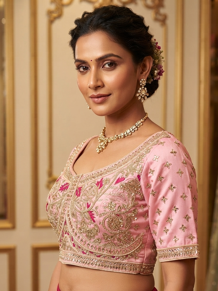 Pink silk maggam work with sleeveless Blouse 👚