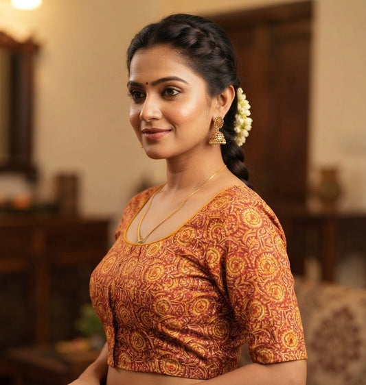 Kalamkari stretchable Blouse yellow & maroon ￼