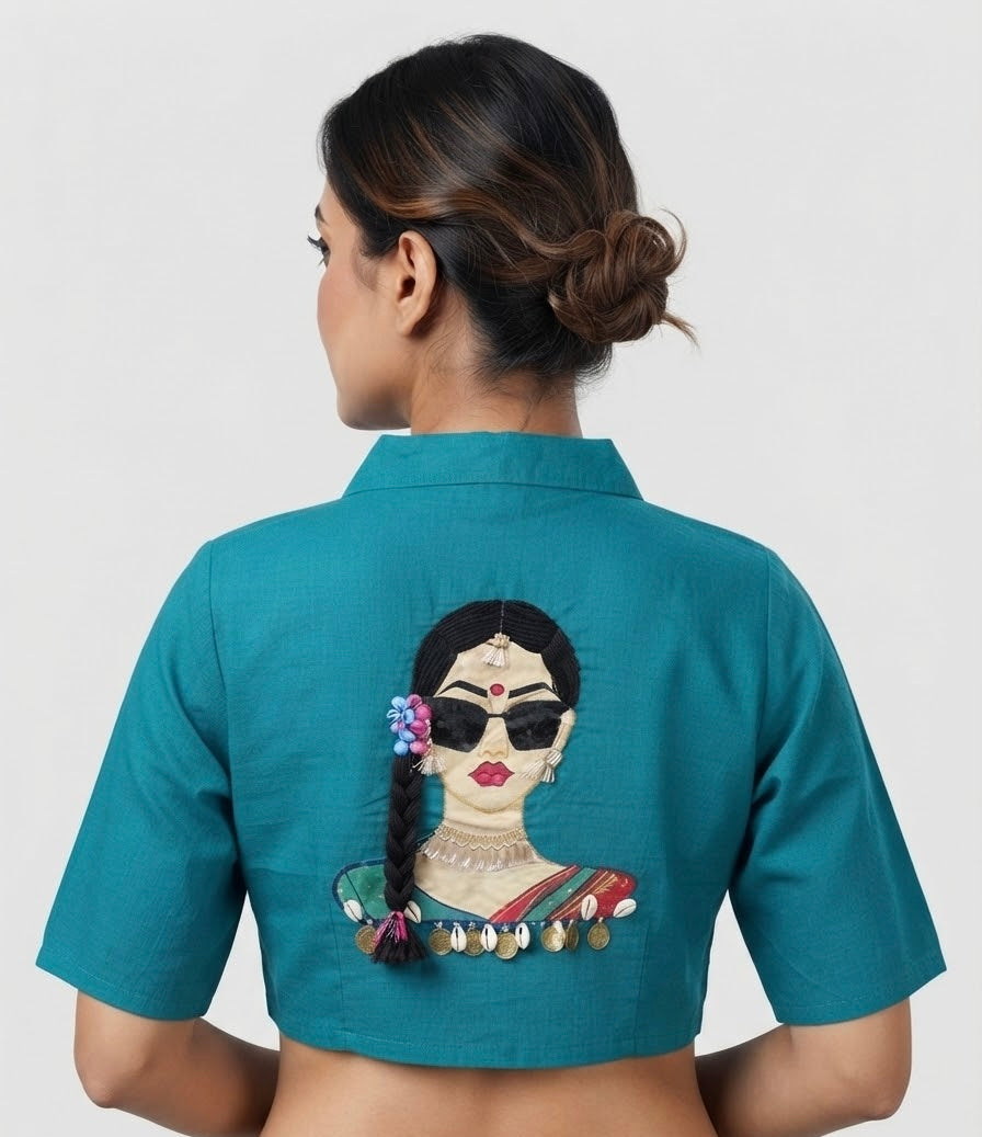 🌼Doll Motif Designer Blouse 👚 Collar neck Rama blue ✨