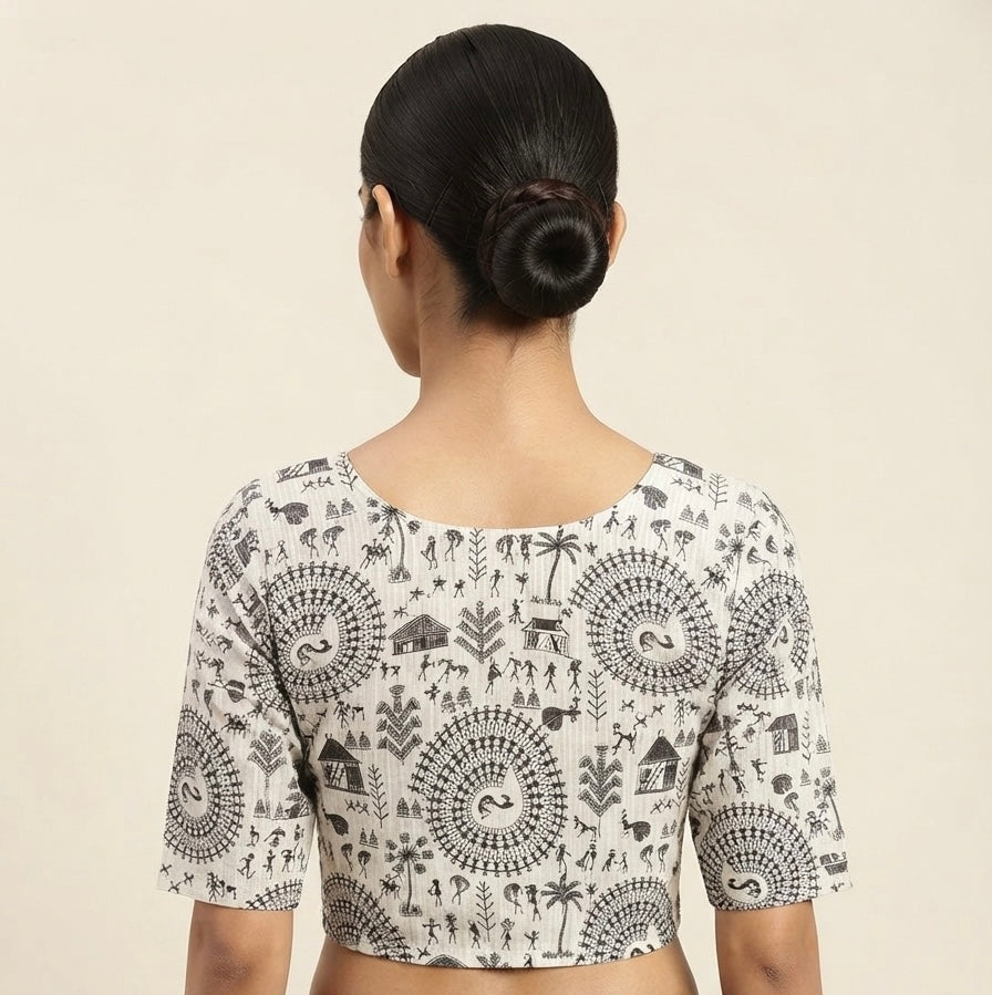 Digital Kalamkari Blouse 👚 with sleeves black white colour
