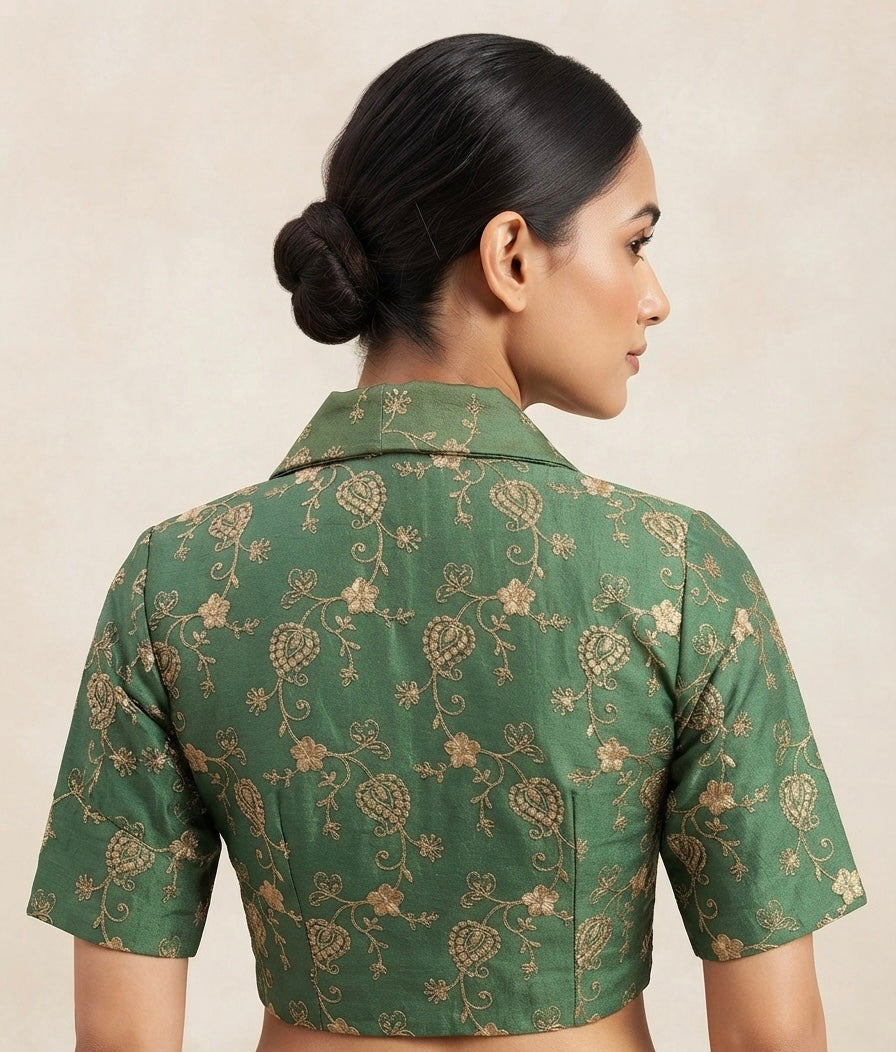 Green-master Floral Embroidered Lapel Collar with sleeve Blouse 👚