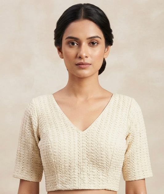 White thread work V-neck Blouse 👚 with sleeve ￼