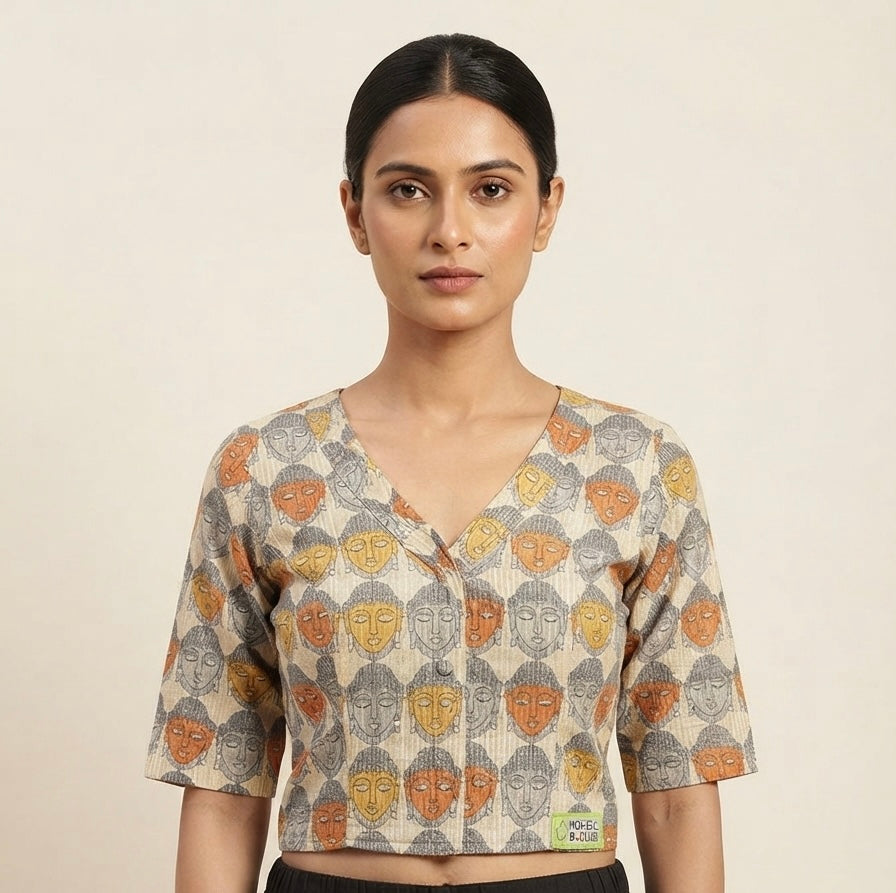 V-neck Buddha printed Blouse 👚 with sleeves cream-master yellow