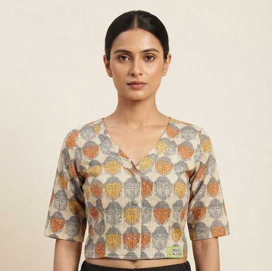 V-neck Buddha printed Blouse 👚 with sleeves cream-master yellow