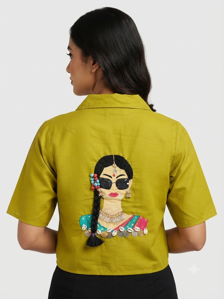 🌼Handwork Folk art Blouse 👚 V- collar neck Mehndi colour 🍃