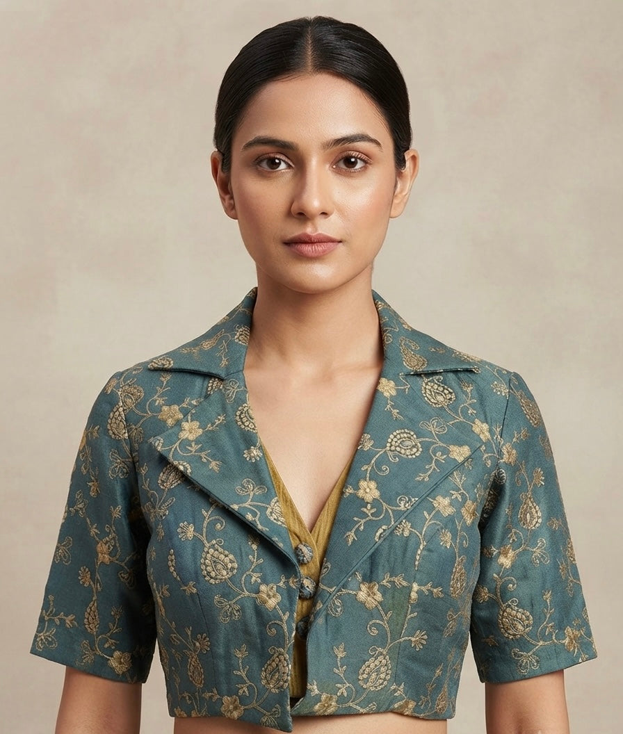 Rama blue  blazer collar neck embroidery with sleeve Blouse 👚