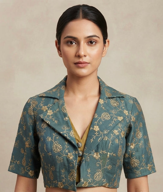 Rama blue  blazer collar neck embroidery with sleeve Blouse 👚