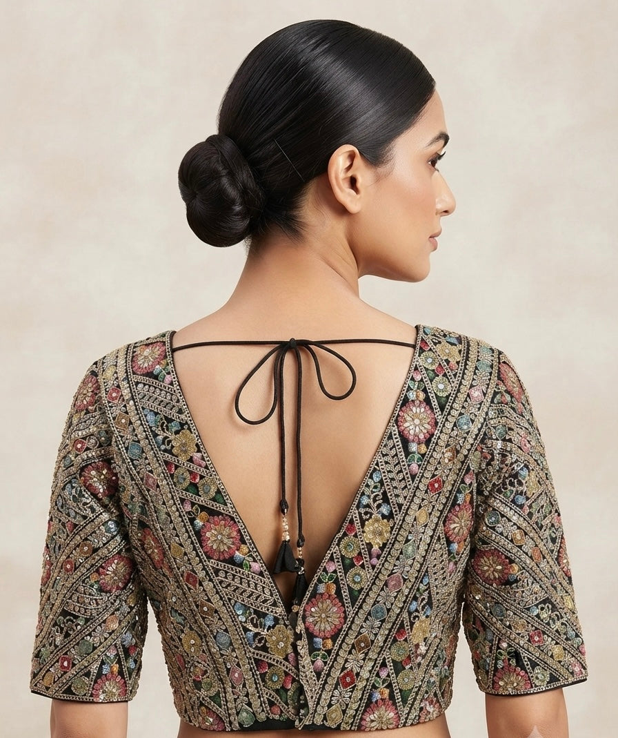 Black embroidery V-neck with sleeve Blouse 👚