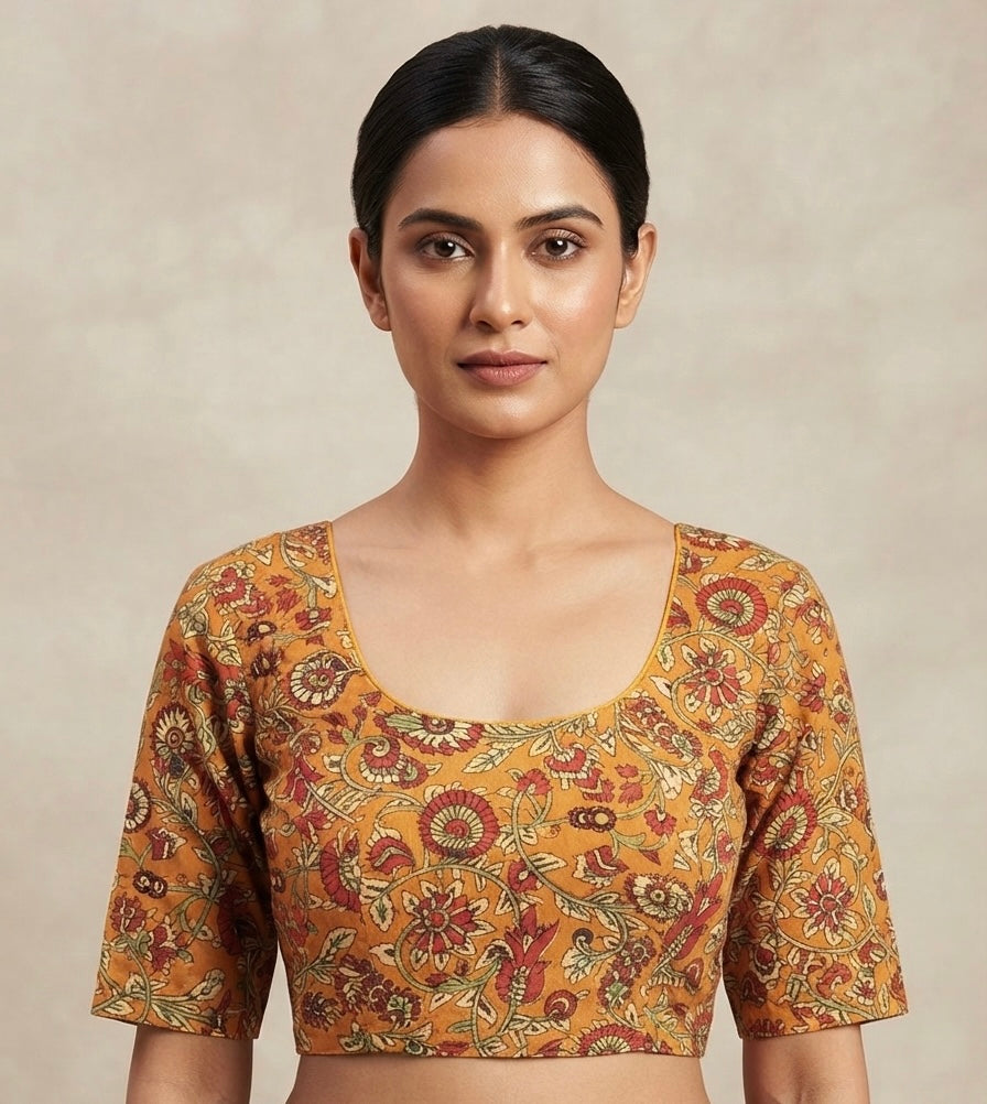 🌺Kalamkari stretchable Blouse 👚 yellow colour