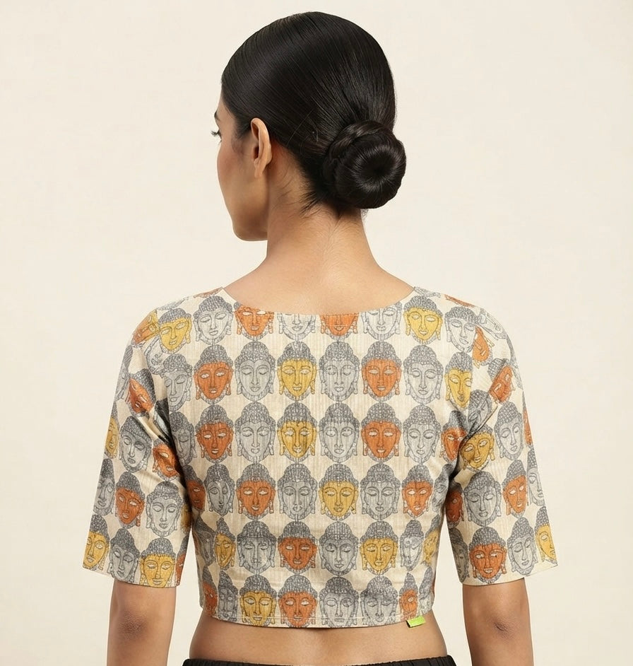 V-neck Buddha printed Blouse 👚 with sleeves cream-master yellow
