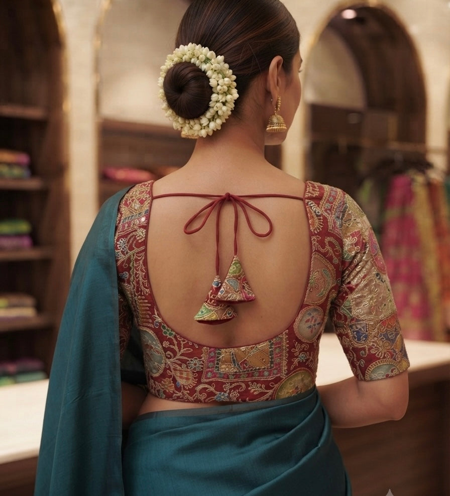 Traditional Kalamkari Patchwork Blouse 👚 Marron with sleeves ✨
