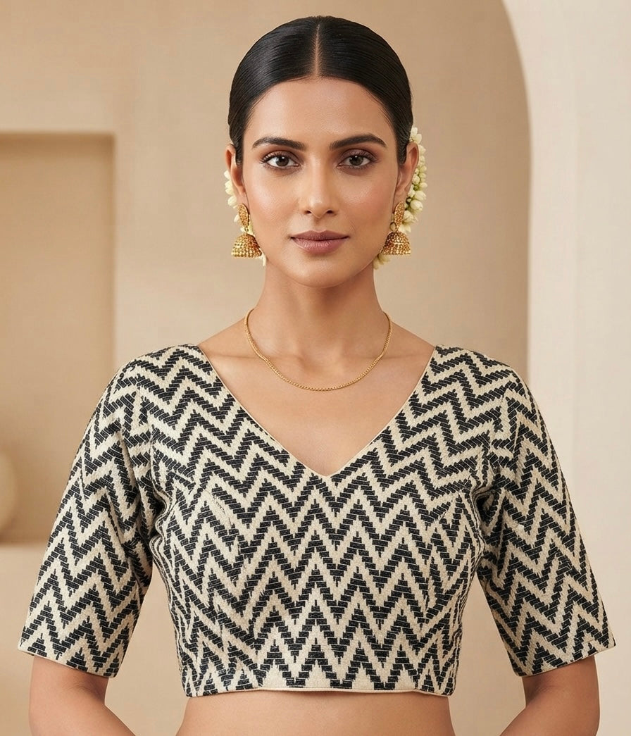 Black-white zigzag V-neck with sleeve Blouse 👚