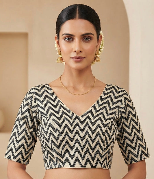 Black-white zigzag V-neck with sleeve Blouse 👚