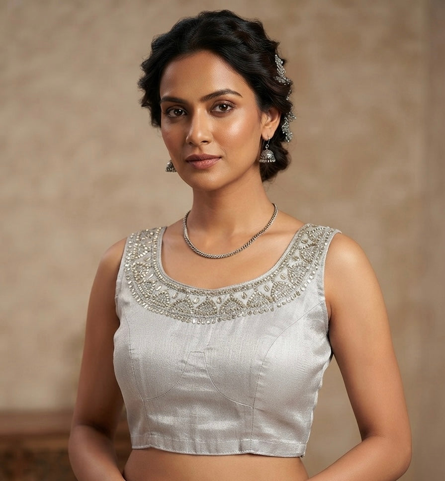 Silver neck work Blouse inside hands available