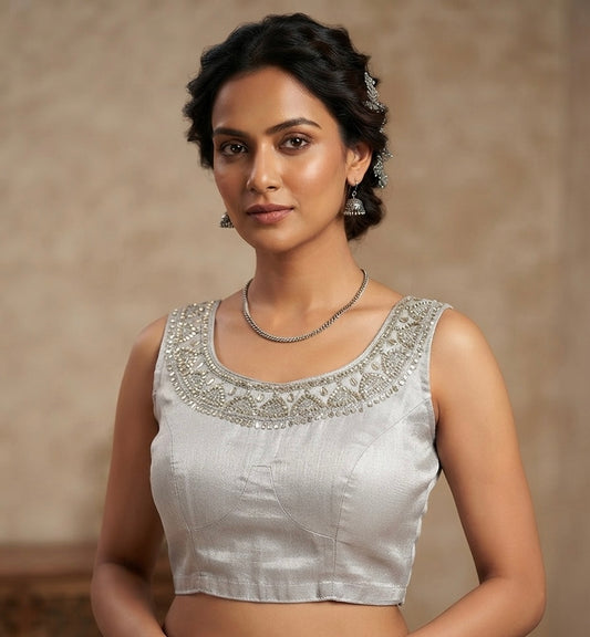 Silver neck work Blouse inside hands available