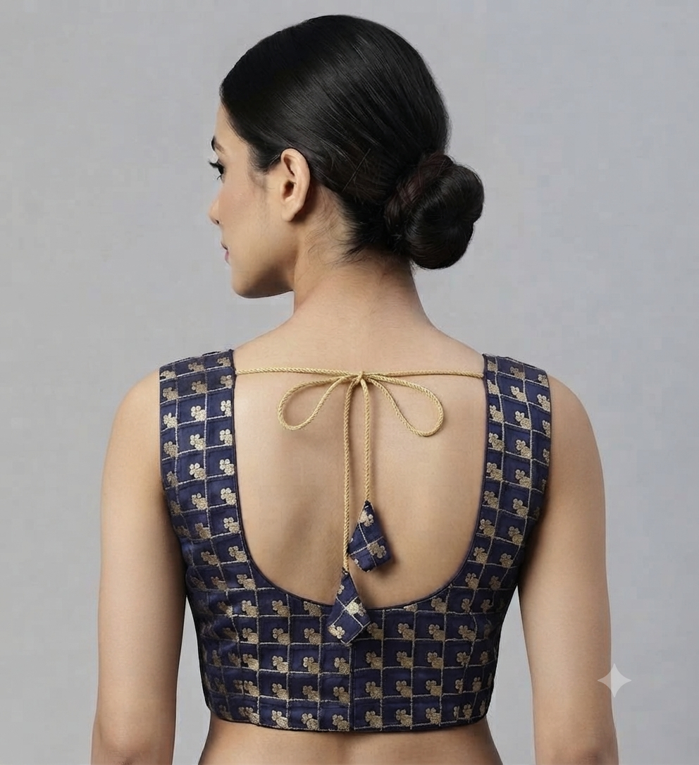 Printed thread work Blouse 👚 sleeveless navy colour ￼