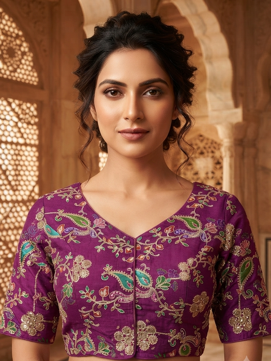 Flower designer the thread work Blouse magenta pink with sleeves✨￼