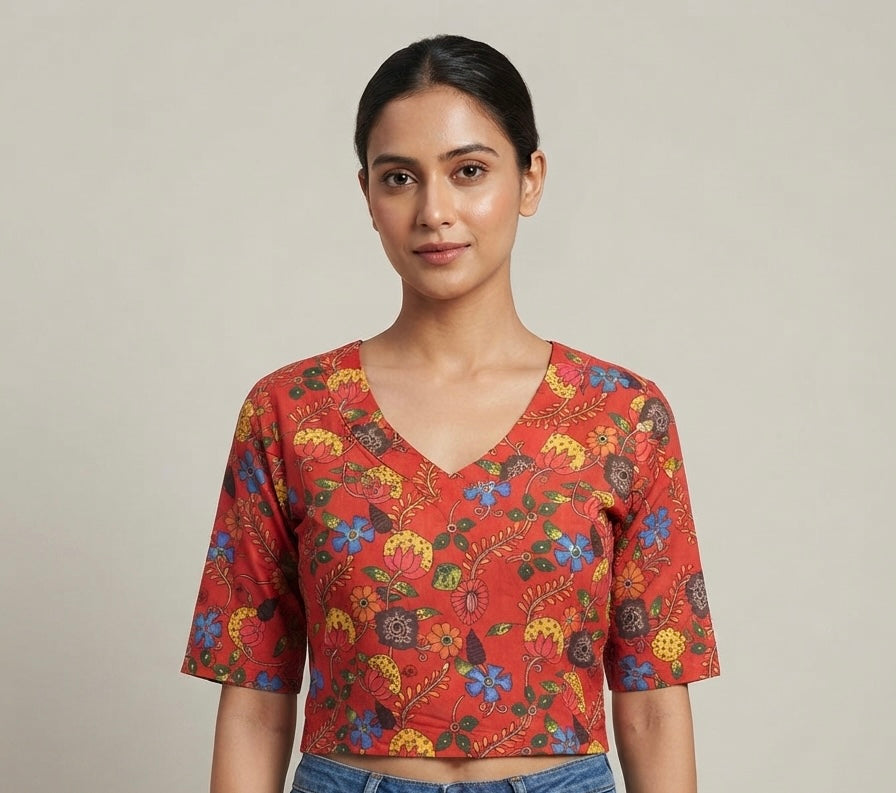 Red flower 🌹 printed Kalamkari Blouse 👚 stretchable