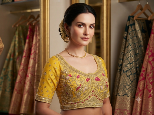 Master yellow maggam work with sleeve Blouse 👚