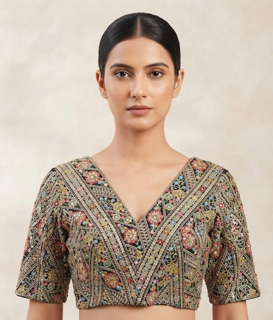 Black embroidery V-neck with sleeve Blouse 👚