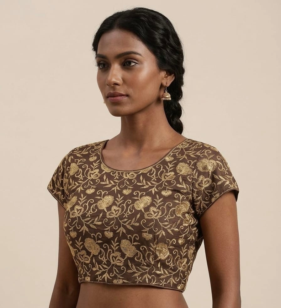 Brown gold embroidery Blouse 👚 Elbow hands