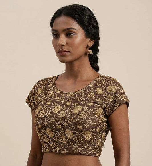 Brown gold embroidery Blouse 👚 Elbow hands