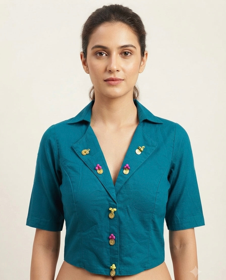 🌼Doll Motif Designer Blouse 👚 Collar neck Rama blue ✨