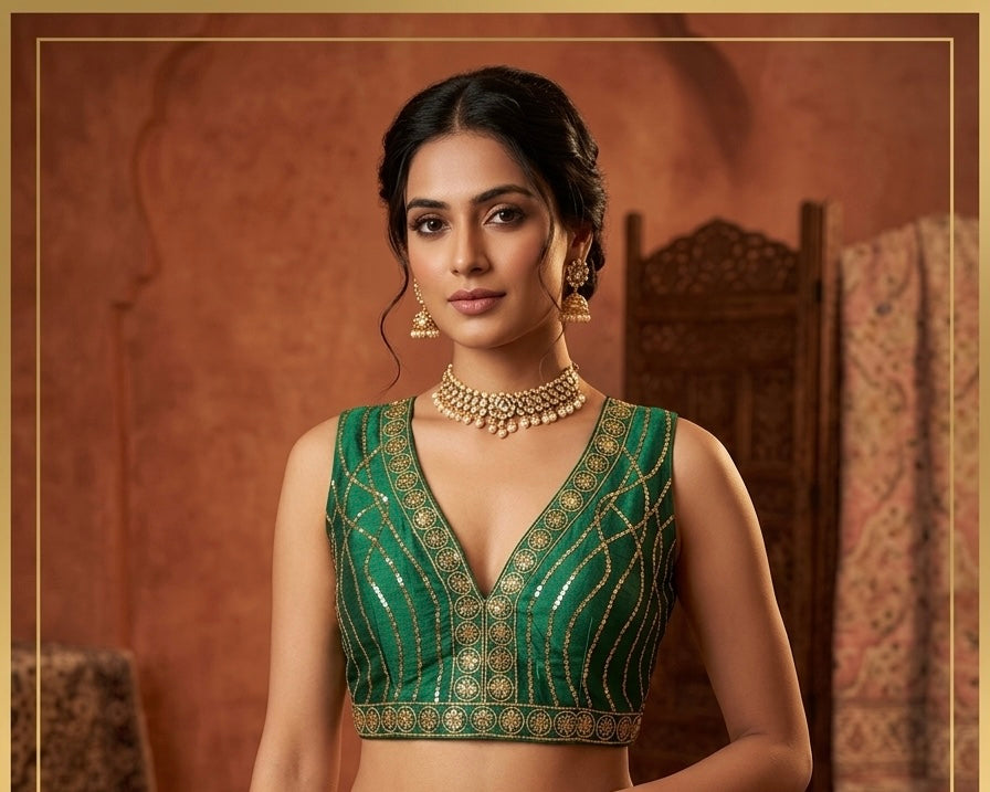 Green sequence v neck fancy with hands blouse 👚