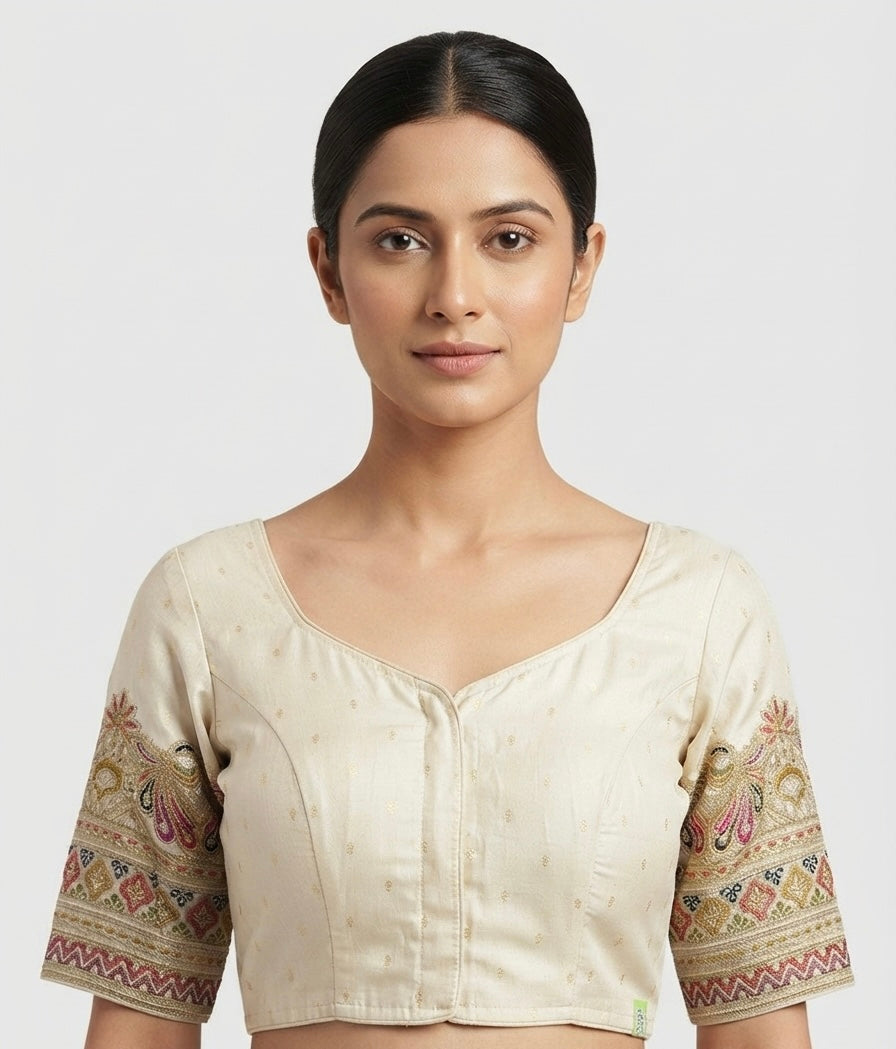 Tissue peacock 🦚embroidery hand work Blouse 👚 with sleeves ￼