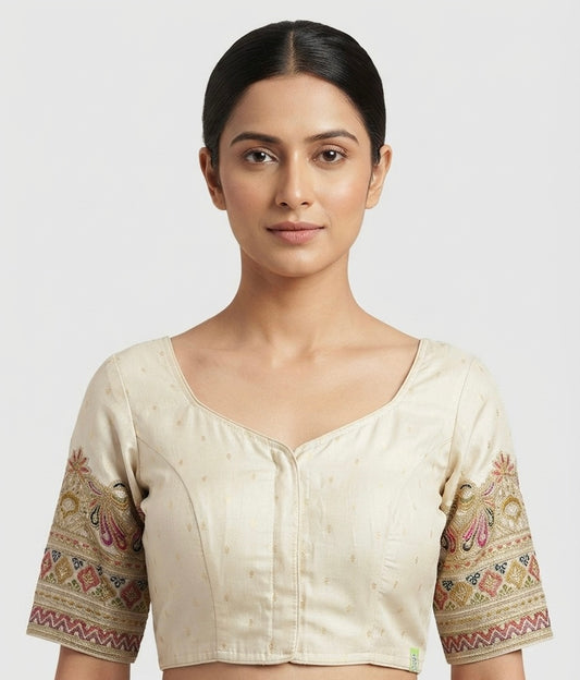 Tissue peacock 🦚embroidery hand work Blouse 👚 with sleeves ￼