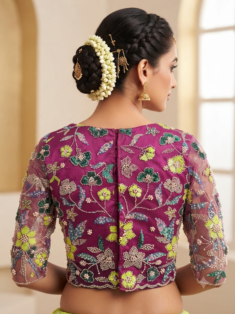 Magenta pink V- neck embroidery butterfly 🦋 with sleeve Blouse 👚