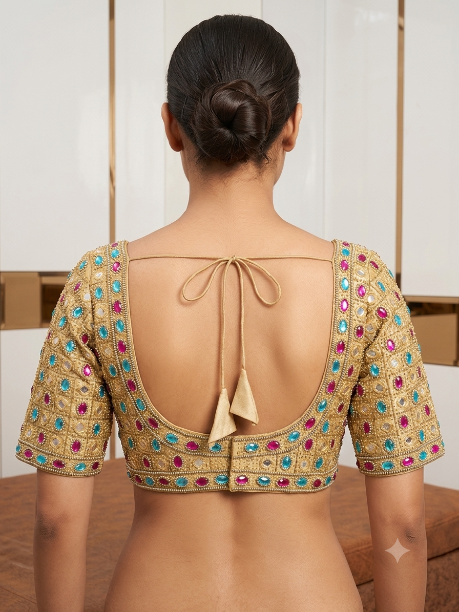 Light gold stone work with sleeve Blouse 👚