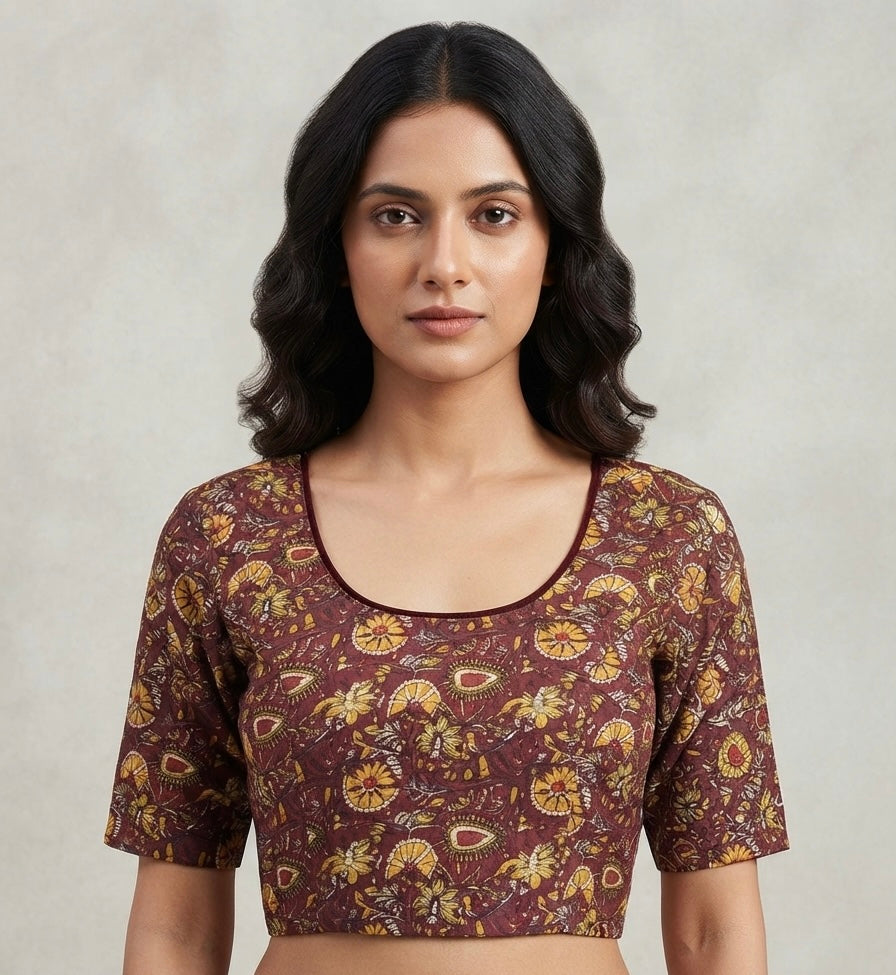 Marron printed Kalamkari stretchable Blouse 👚