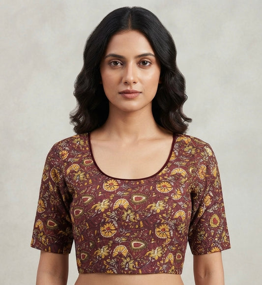 Marron printed Kalamkari stretchable Blouse 👚