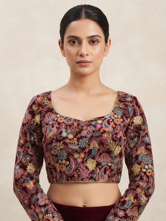 Dark Marron flower 🌷 embroidery work with sleeve Blouse 👚